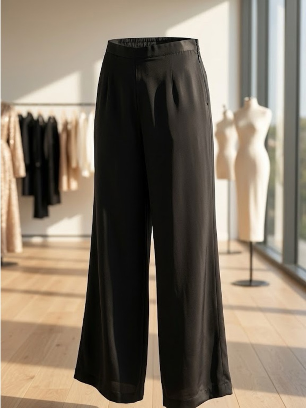 Black Silk-Blend Wide Leg Pleated Trousers | One Size (M)